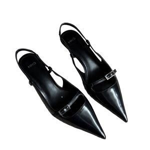 Mango Black Slingback Faux Leather Kitten Heel Buckle Pointed Toe Shoes Size 37